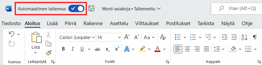 Automaattinen tallennus löytyy ikkunan ylävasemmalta, Tiedosto-painikkeen yläpuolelta