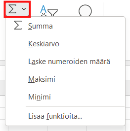 Summa-painikkeen oikealla puolella olevasta väkäsestä saadaan auki muita perusfunktioita