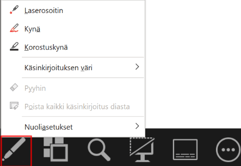 Esityksen alla vasemmalla olevasta kynän painikkeesta saat auki valikon, jossa ovat mm. vaihtoehdot laserosoitin, kynä ja korostuskynä