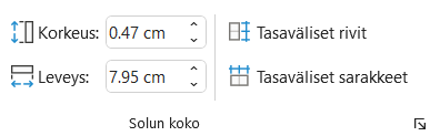 Solun koko -ryhmässä voit syöttää tarkat arvot solun korkeudelle ja leveydelle